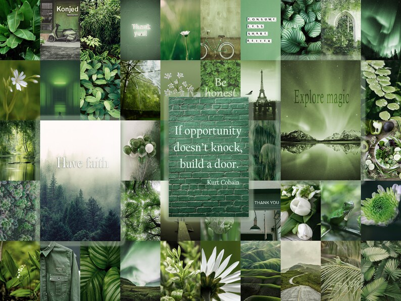 Green Collage Design 150 PCS Wall Collage Kit Green Wall Art Printable Cubicle Wall Decor ...