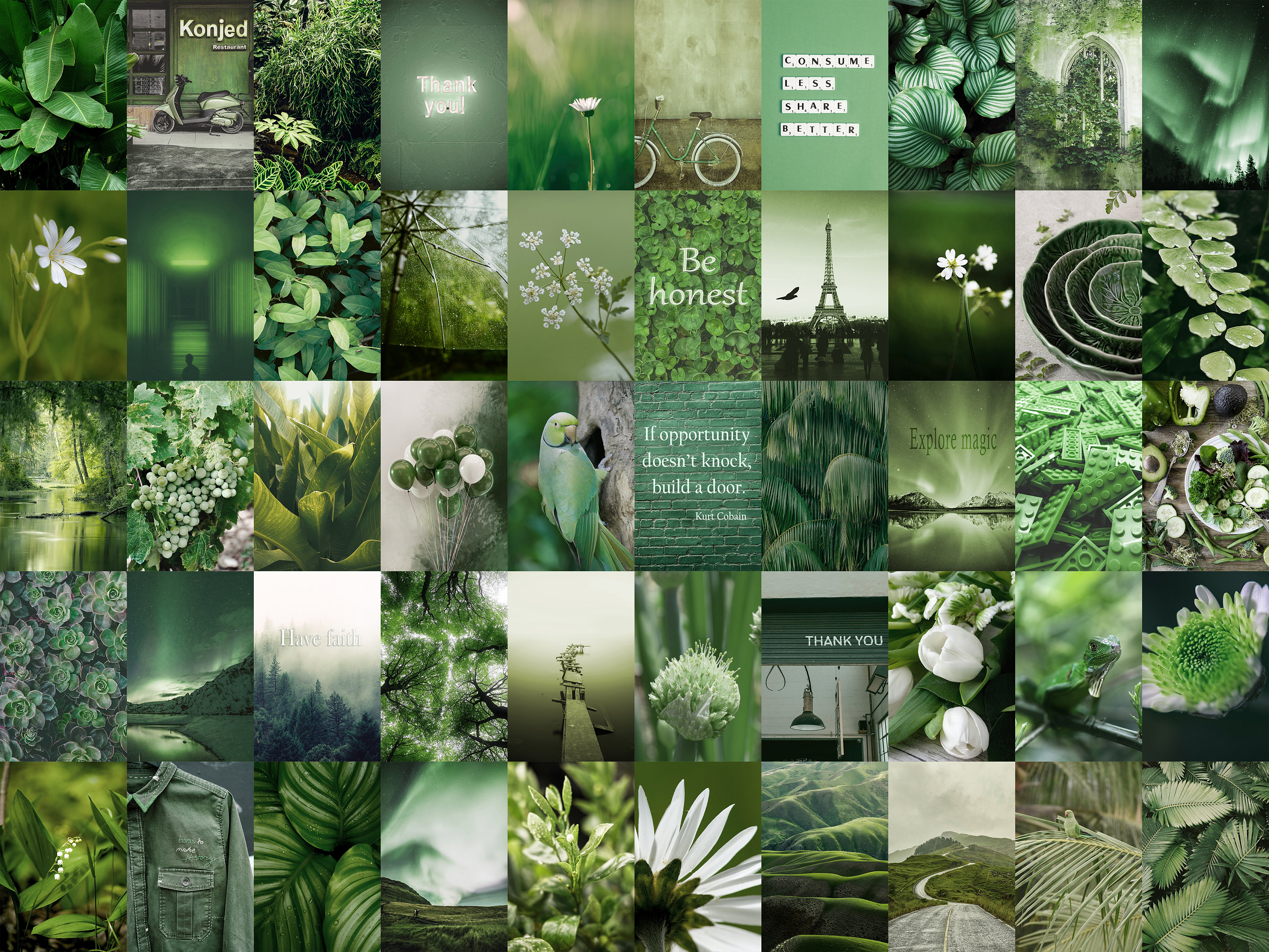 Green Collage Design 150 PCS Wall Collage Kit Green Wall Art Printable Cubicle Wall Decor ...