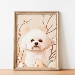 Impression bichon frisé Cadeau pour amoureux des chiens Carte postale de Pâques Art mural esthétique neutre