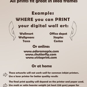 May include: A guide on where to print digital wall art, including online services such as AdoramaPix, Shutterfly, and Vistaprint, as well as in-store options such as Walmart, Walgreens, Tesco, Office Depot, Staples, and Costco. The text also mentions that prints fit great in Ikea frames and recommends using a laser printer for better quality results.