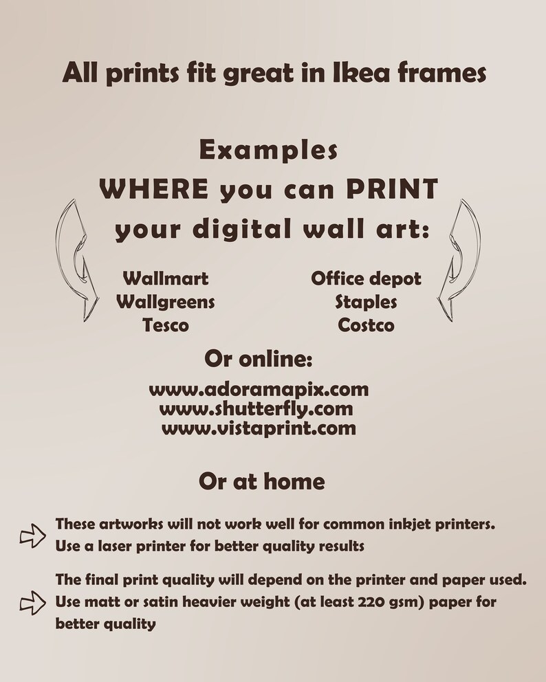 May include: A guide on where to print digital wall art, including online services such as AdoramaPix, Shutterfly, and Vistaprint, as well as in-store options such as Walmart, Walgreens, Tesco, Office Depot, Staples, and Costco. The text also mentions that prints fit great in Ikea frames and recommends using a laser printer for better quality results.