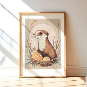 Postal de Pascua con regalo de hurón, impresión de arte mural en tonos tierra
