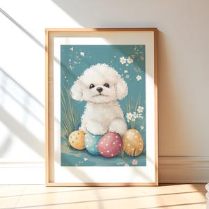 Imprimé bichon frisé Cadeau pour amoureux des chiens Carte postale de Pâques Décoration chambre d'enfant