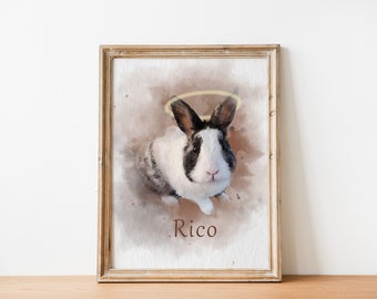Pet painting from photo Custom rabbit memorial gift Bunny remembrance portrait with halo