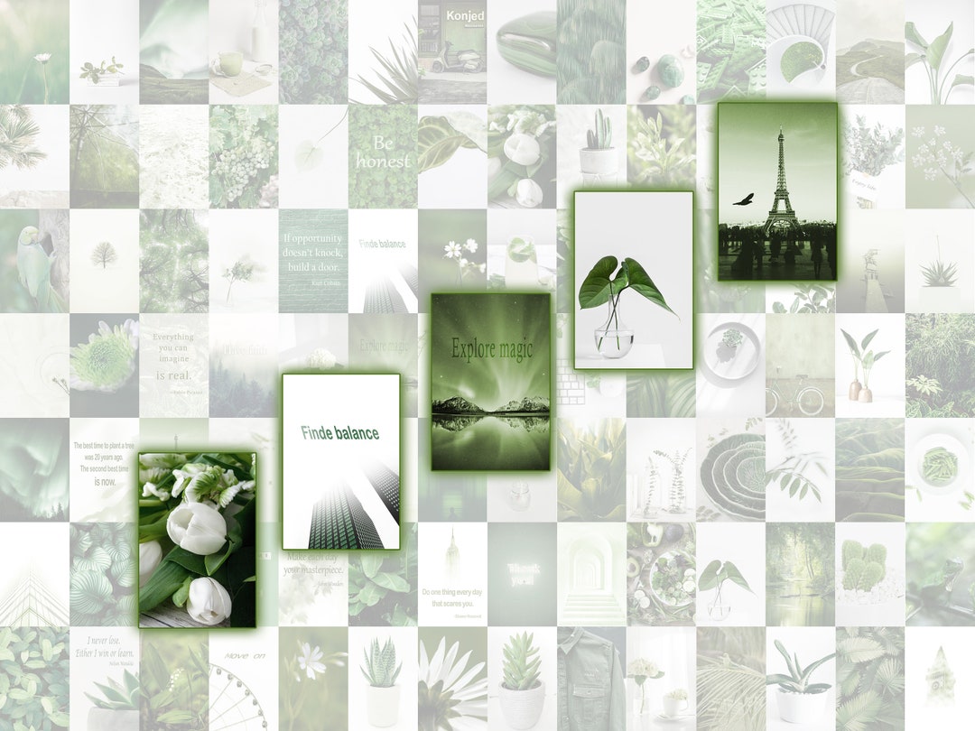 Green Collage Design Green Wall Collage Kit 100 PCS Uplifting Quotes College Girl Apartment ...