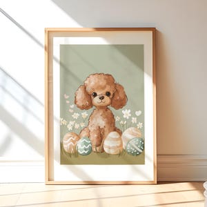 Arte del barboncino giocattolo Cartolina di Pasqua Stampa artistica da parete verde oliva Regalo per gli amanti dei cani