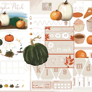 May include: A printable set of educational and play activities themed around a pumpkin patch. The set includes a pumpkin life cycle chart, a price list for sunflowers, a pay here sign, and a pumpkin patch map. There are also several printable signs with letters and numbers.