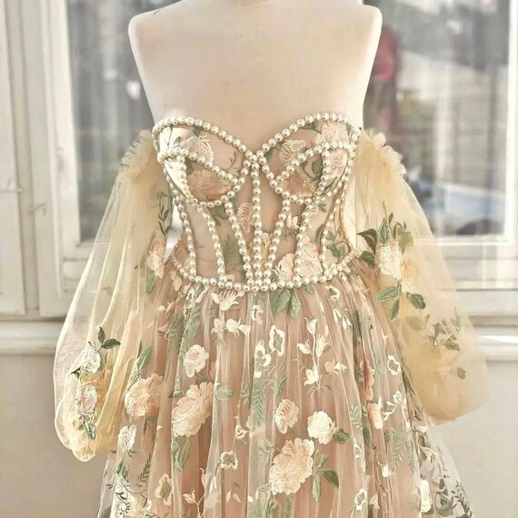 Princess Boho Floral Embroidery Lace A-line Prom Dresses - Etsy UK