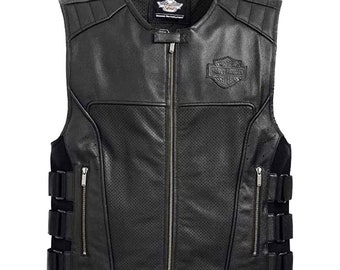 Leather Jacket Vest HARLEY LEATHER VEST Genuine Buffalo  Leather Vest Sleeve Less Jacket