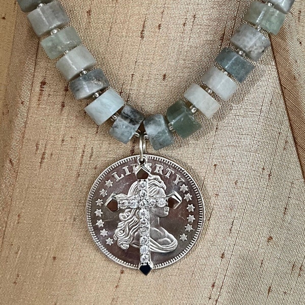 Designer Beaded Cross and Coin Necklace with Jade Beads and a Liberty Bust Dollar accented with a Sterling White Quartz Cross