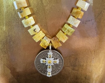 Designer Yellow Opal Tyree Beaded Necklace with a Half Crown British Coin and Swarovski cross with Gold Stones