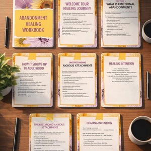 May include: A workbook titled "Abandonment Healing Workbook" with a sunflower design, surrounded by cards with text about healing, a candle, pens, and coffee cups on a wooden surface. The cards have titles like "Welcome Tour Healing Journey" and "Healing Intention".