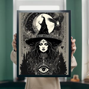 Woman Poster, Woman in Witch Hat Poster, Spooky Wall Poster, Halloween Gift, Black and White Poster, Spooky Witch Wall Poster