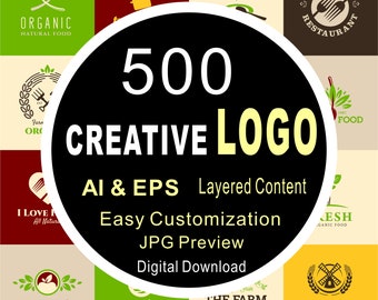 Raccolta di 500 modelli di logo creativi, idee per la progettazione di loghi Photoshop, formato AI ed EPS con anteprima JPG, facile personalizzazione dei contenuti a più livelli