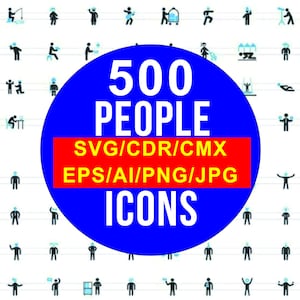 Puede incluir: Un círculo azul con texto blanco que dice "500 PEOPLE SVG/CDR/CMX EPS/AI/PNG/JPG ICONS" rodeado de una cuadrícula de iconos de figuras de palo negras y azules.