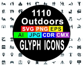 1110 Outdoor Glyph Icons File vettoriale SVG EPS AI jpg png cdr cmx con temi di stile di vita urbano stagioni di viaggio segnali stradali edificio punto di riferimento