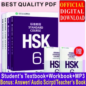 May include: A purple book with the text "HSK Standard Course" and the number "6" in large white font. The book is titled "标准教程" in Chinese. The image also shows two smaller purple books with the text "HSK Standard Course" and the number "6" in white font. The text "Student's Textbook+Workbook+MP3" is at the bottom of the image. The text "Bonus: Answer/Audio Script/Teacher's Book" is below the previous text. The text "OFFICIAL DIGITAL DOWNLOAD" is in a red box in the upper right corner of the image.