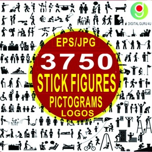 3850 Man Icon Stick Figure Pictogram Collection EPS & JPG, iconische picturale symbolen, symbolische minimalistische menselijke figuren, overzichtssilhouet