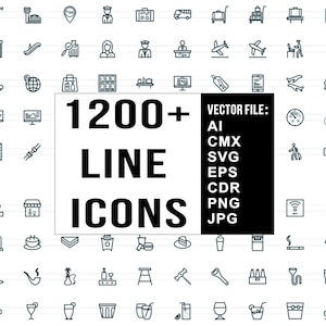 Puede incluir: Una ilustración en blanco y negro de más de 1200 iconos de línea, incluyendo iconos de aeropuerto, viajes y comida y bebida. El texto "1200+ LINE ICONS" está en texto blanco en negrita sobre un rectángulo negro. El texto "VECTOR FILE: AI, CMX, SVG, EPS, CDR, PNG, JPG" está en texto blanco sobre un rectángulo negro.
