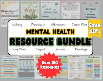 May include: A colorful digital resource bundle for mental health, featuring over 100 resources. The bundle includes worksheets, affirmations, session plans, group work activities, support materials, journals, recordings, and more. The text "Save 40%" is displayed in a yellow box.
