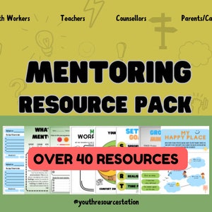 May include: A yellow and green graphic with the text "MENTORING RESOURCE PACK" in black. The graphic features a variety of images, including a lightbulb, a target, a question mark, a speech bubble, a hand holding a weight, a signpost, and a cloud. The graphic also includes the text "OVER 40 RESOURCES" in a red rectangle. The graphic is designed to be used as a resource for mentoring.