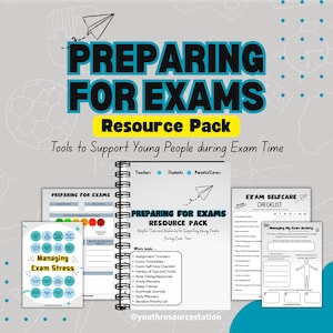 May include: A resource pack titled "Preparing for Exams" with the text "Tools to Support Young People during Exam Time." The pack includes a spiral-bound notebook and several worksheets with titles like "Managing Exam Stress" and "Exam Selfcare Checklist."