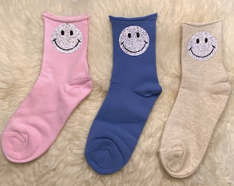 Cute colorful socks with glitter rhinestone smileys