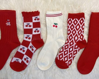 Vintage socks in red, some double knitted, soft and warm in 5 variations