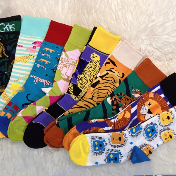 Bunte Socken mit Raubkatze Motiven in 9 Varianten