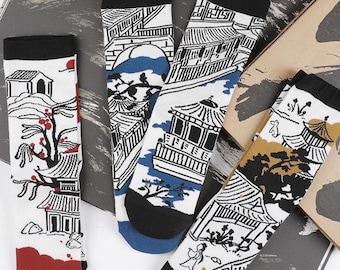 Pretty socks with Asian landscape and architecture motifs from China, Japan, and Korea (left and right different)
