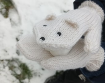 Wzór na rękawiczki dla dzieci – Biały Miś – Samouczek w formacie PDF – Rozmiary 2–7 lat