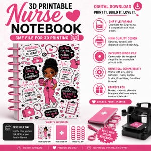 Puede incluir: Un archivo digital de cuaderno de enfermería imprimible en 3D con una portada rosa y blanca, una ilustración de enfermera de dibujos animados, iconos médicos y textos como Nursing is a work of heart y Saving lives is my superpower.