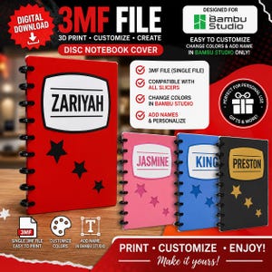 Puede incluir: Un archivo digital 3MF para una cubierta de cuaderno de discos personalizable. La cubierta presenta una etiqueta central con un nombre, tres recortes de estrellas y discos de encuadernación negros. Disponible en rojo, rosa, azul y negro.