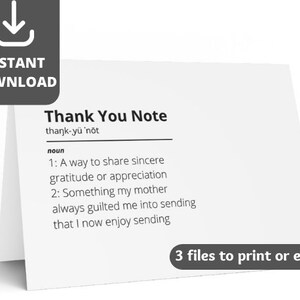 Puede incluir: Una tarjeta blanca plegada con el texto "Thank You Note" y una definición. La tarjeta incluye las palabras "Descarga instantánea" y "3 archivos para imprimir o enviar por correo electrónico". Es un producto digital.