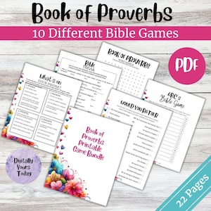 Puede incluir: Un conjunto de 10 juegos bíblicos imprimibles, incluyendo trivia y búsqueda de palabras, con un diseño floral. El paquete incluye juegos basados en el Libro de los Proverbios, con el texto "Paquete de juegos imprimibles" y "22 páginas".