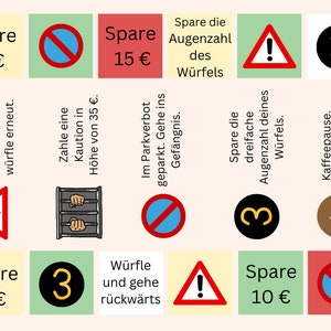 Farbig gestaltetes Sparspiel im Stil von Monopoly mit Feldern wie „Spare 5 €“, „Gehe ins Gefängnis“ und „Kaffeepause“. Bunte Kästchen, Symbole und Texte bilden eine spielerische Spar-Challenge im DIN-A6-Format. Würfelspiel