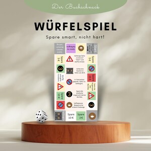 Farbig gestaltetes Sparspiel im Stil von Monopoly mit Feldern wie „Spare 5 €“, „Gehe ins Gefängnis“ und „Kaffeepause“. Bunte Kästchen, Symbole und Texte bilden eine spielerische Spar-Challenge im DIN-A6-Format. Würfelspiel.