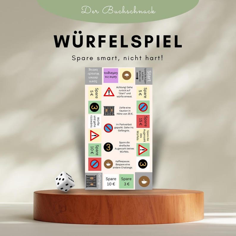 Farbig gestaltetes Sparspiel im Stil von Monopoly mit Feldern wie „Spare 5 €“, „Gehe ins Gefängnis“ und „Kaffeepause“. Bunte Kästchen, Symbole und Texte bilden eine spielerische Spar-Challenge im DIN-A6-Format. Würfelspiel.