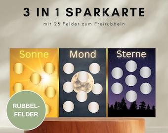 6-page folding card (3-in-1 savings challenge) Sun, Moon & Stars | Savings game with scratch-off fields, folding card, save money, save 250 euros