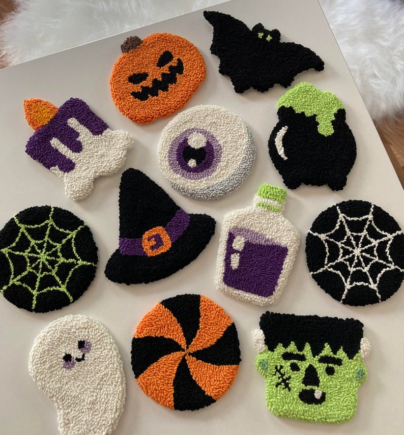 Punch Needle Coasters, Handmade Mug Rug, Halloween Mug Rug, Halloween Decor, Drink Coasters, Spooky Halloween Gift, Spooky Decor image 1