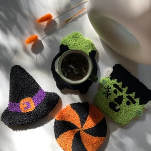 Punch Needle Coasters, Handmade Mug Rug, Halloween Mug Rug, Halloween Decor, Drink Coasters, Spooky Halloween Gift, Spooky Decor image 8