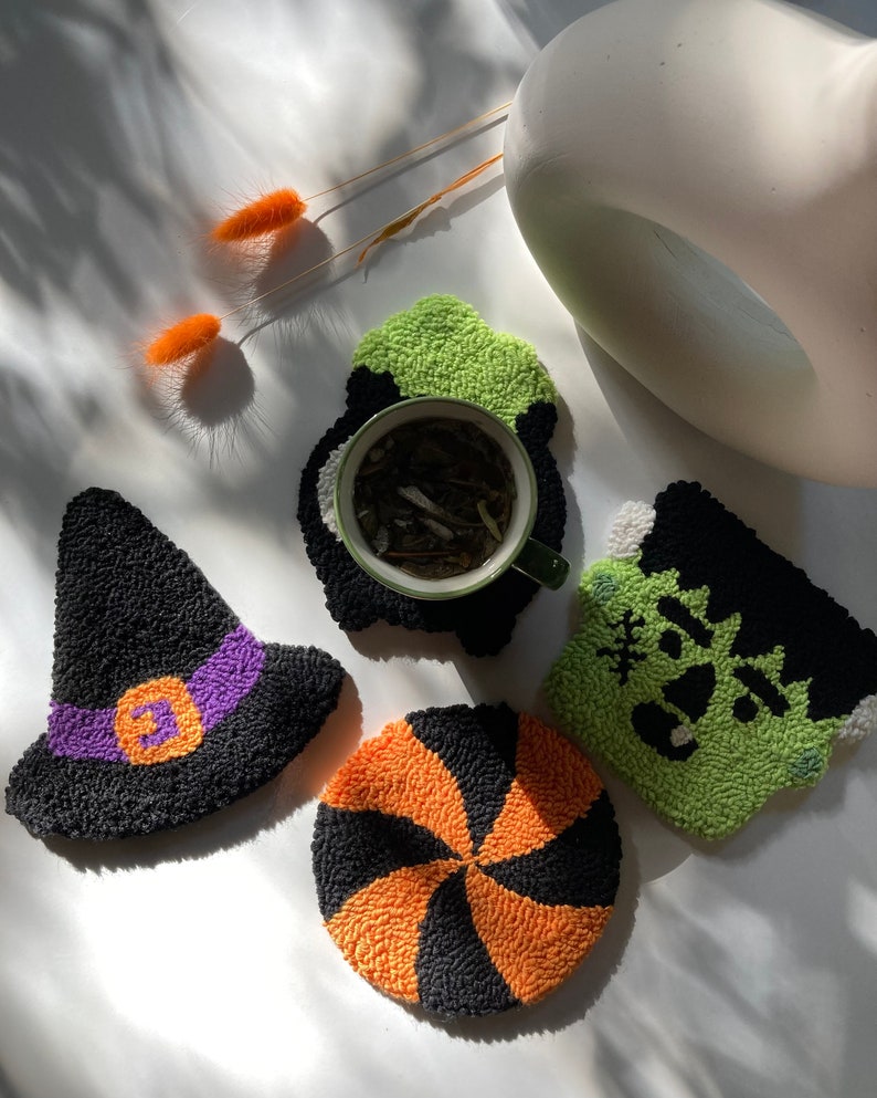 Punch Needle Coasters, Handmade Mug Rug, Halloween Mug Rug, Halloween Decor, Drink Coasters, Spooky Halloween Gift, Spooky Decor image 8