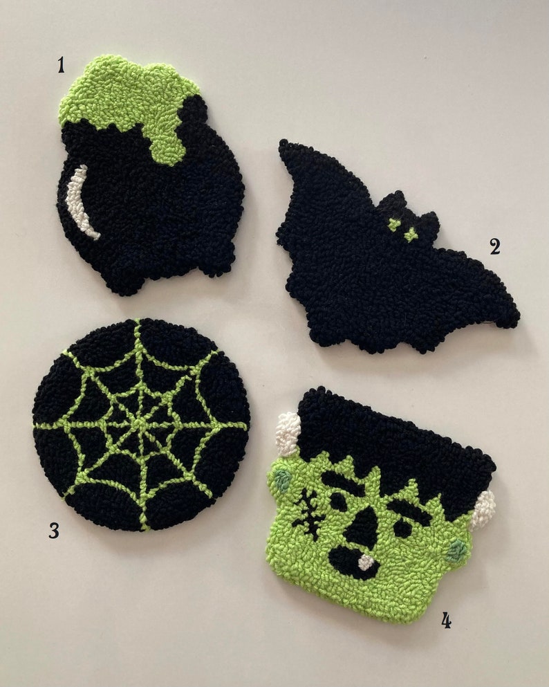 Punch Needle Coasters, Handmade Mug Rug, Halloween Mug Rug, Halloween Decor, Drink Coasters, Spooky Halloween Gift, Spooky Decor image 2