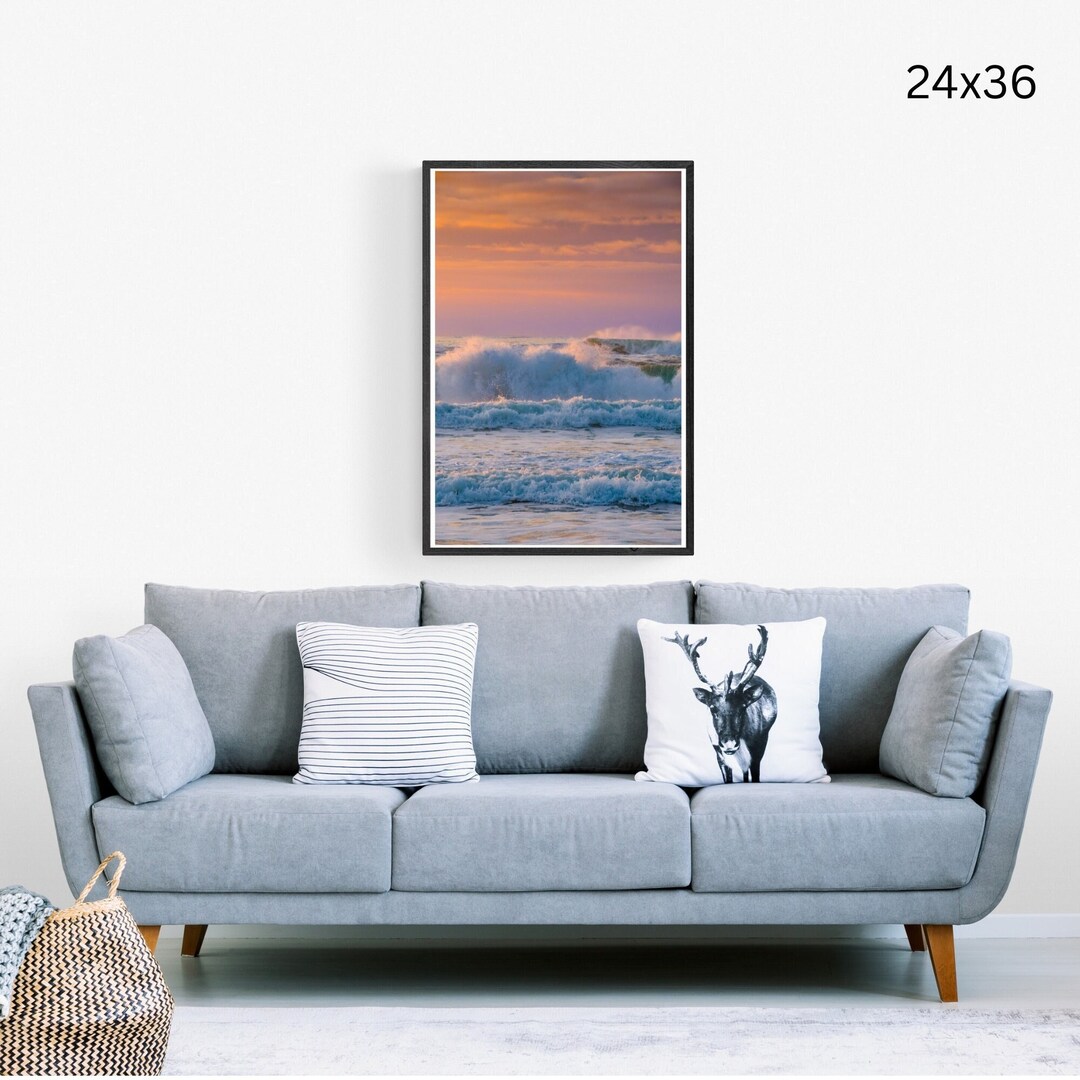 Pink Ocean Sunset Wall Art. Rock, Waves