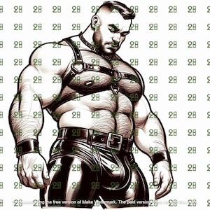 May include: A black and white illustration of a muscular man wearing a leather harness and trousers. He has a beard and short hair.