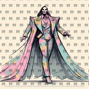 Puede incluir: Una persona que lleva un abrigo largo, fluido, con estampado rosa y azul, con cuello blanco y un traje a juego con estampado. La persona tiene el pelo largo y oscuro y lleva maquillaje.