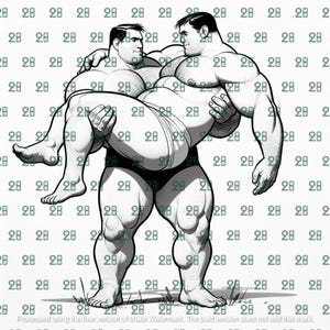 May include: A black and white illustration of two muscular men. One man is holding the other man in his arms. Both men are wearing swim trunks.