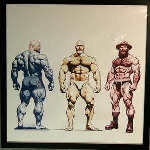 May include: A framed illustration of three muscular figures. The figure on the left is wearing blue shorts and is facing away from the viewer. The figure in the center is wearing white shorts and is facing forward. The figure on the right is wearing red and white striped shorts and a hat, and is facing forward.