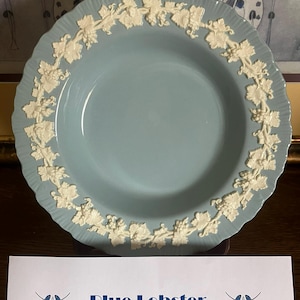 Wedgwood Queens Ware Embossed White on Pale Blue Soup Bowl - Excellent Condition