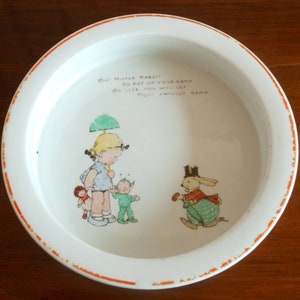 Shelley Mabel Lucie Attwell Boo Boos Nursery Dish - Oh Mr Rabbit Poem - Girl with Umbrella in the Rain with Rabbit